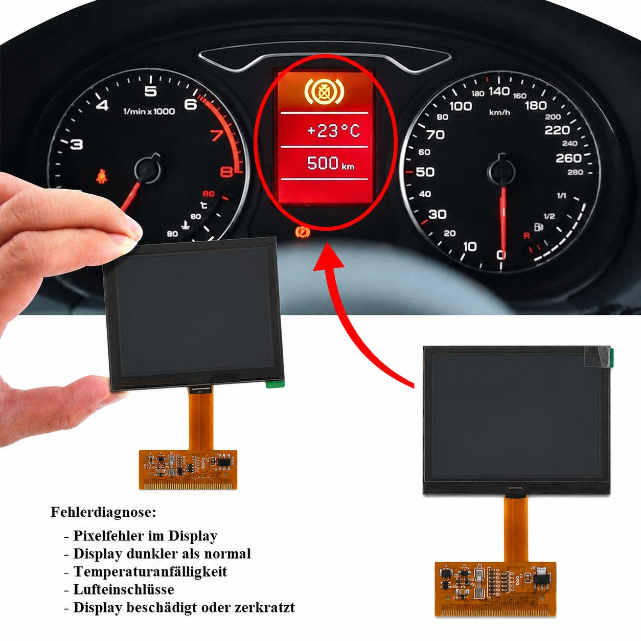 Tacho LCD Display JAEGER für AUDI TT A3 S3 A4 S4 A6 S6 Dashboard Pixelfehler